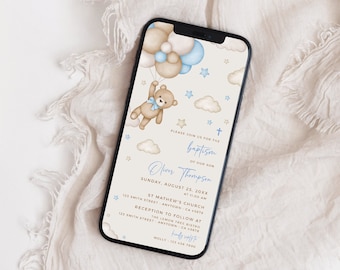 Bear Baptism Evite Boy, Digital Invitation Baptism, Electronic Invite Christening Boy, Teddy Bear Invite by Text Editable Evite Template 13A