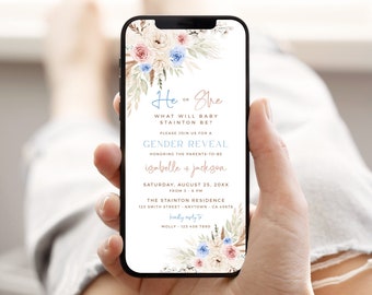 Boho Gender Reveal Invitation Digital Gender Reveal Invite, Electronic Evite by Text, He or She Invite for Phone Editable Evite Template 05A