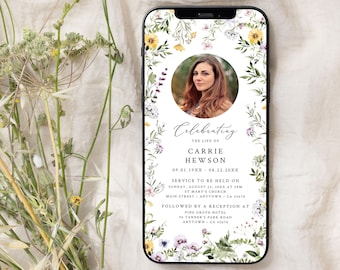 May include: A floral phone screen mockup with a photo of a woman and text that reads "Celebrating the life of Carrie Hewson 09.01.19XX - 08.22.20XX Service to be held on Sunday, August 25, 20XX at 3PM St Mary's Church Main Street - Anytown CA 45678 Followed by a reception at Pine Grove Hotel 96 Tanner's Park Road Anytown CA 45678"