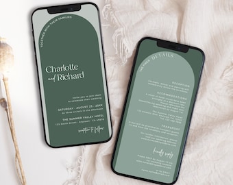 Electronic Wedding Invitation Set Sage Green, Arch Wedding Invitation Digital, Modern Wedding Details for Phone, Editable Evite Template 10A