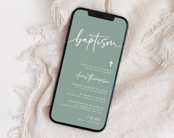 Puede incluir: Una invitación digital para un bautizo con fondo verde. El texto "bautizo" está escrito en blanco en cursiva. La invitación incluye el nombre "oliver thompson", la fecha "domingo 25 de agosto de 20XX", la hora "las 11 de la mañana", el lugar "St. Mary's Church" y la dirección "100 Any Road, Anytown, MN 45878". La invitación también incluye información sobre una recepción que seguirá en el Summer Valley Hotel.