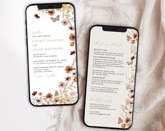Fall Wedding Invitation Set for a Phone, Digital Wildflower Wedding Invitation Electronic Wedding Details RSVP, Editable Evite Template 27A