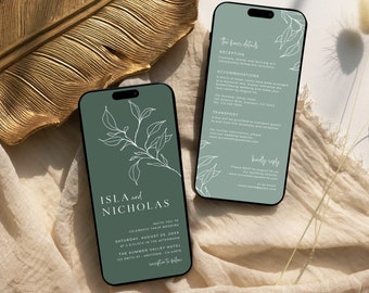 Sage Green Digital Wedding Invitation Set, Minimal Wedding Invitation Electronic, Modern Wedding Details Phone, Editable Evite Template 15C