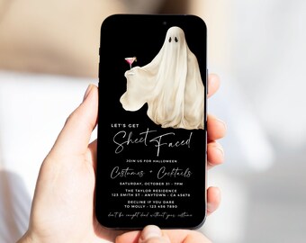 Let's Get Sheet Faced Halloween Invitation Template, Digital Costumes and Cocktails Invite, Editable 34B