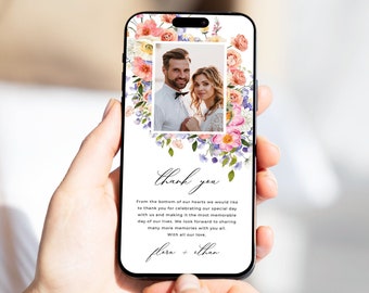 Tarjeta de agradecimiento de boda digital con foto, tarjeta de agradecimiento floral para teléfono, nota de agradecimiento con flores Plantilla de tarjeta electrónica editable de verano 24A