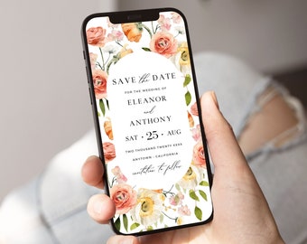 Digital Save the Date with Flowers, Floral Save our Date by Text, Electronic Wedding Date Template, Peach Blush Pink Date Ecard Editable 25A