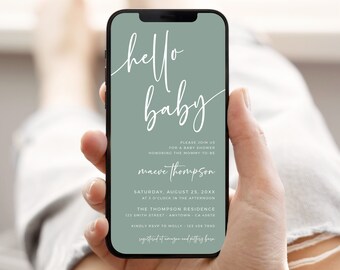 Baby Shower Electronic Invitation, Sage Baby Shower Evite, Hello Baby Modern Evite Boy Girl, Digital Phone Invitation Template, Editable 02C