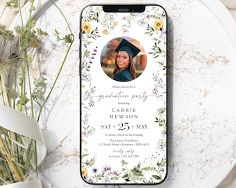 Wildflower Graduation Invitation with Photo, Digital Grad Party Invite for a Phone, Editable Template 01A