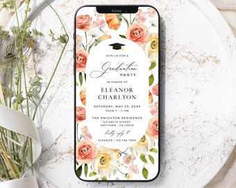 May include: A digital invitation for a graduation party with a floral design. The invitation features a peach and yellow floral wreath with a graduation cap and the text "Join us for a Graduation Party in honor of Eleanor Charlton. Saturday, May 25, 20XX from 7-11 PM. The Knighton Residence 123 Smith Street Anytown, CA 45678. RSVP to Eleanor 123 456 7890."