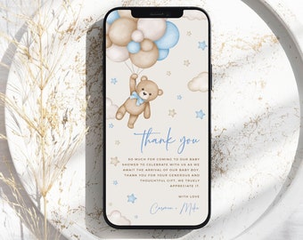 Digital Baby Shower Merci carte garçon, note de remerciement électronique ours, merci pour le téléphone, bleu merci Ecard texte modifiable modèle 13A