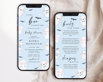 May include: Two smartphones displaying baby shower invitations. The invitations feature a light blue background with ghost illustrations, bats, and stars. Text includes "A Little Boo is Almost Due!" and details for the event, including a diaper raffle and book request.