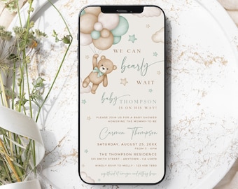We Can Bearly Wait Electronic Baby Shower Invite Boy, Bear Baby Shower Evite, Sage Balloons Digital Invitation, Editable Evite Template 13C