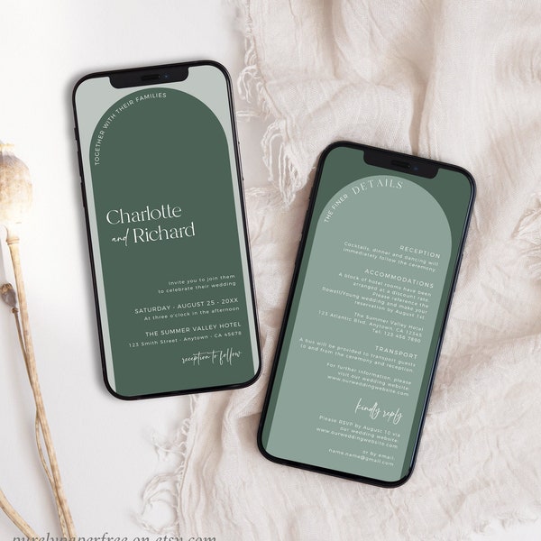 Electronic Wedding Invitation Set Sage Green, Arch Wedding Invitation Digital, Modern Wedding Details for Phone, Editable Evite Template 10A
