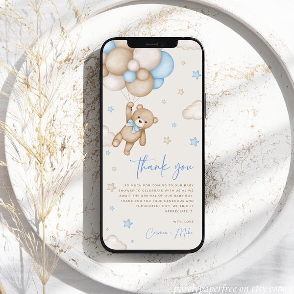 Digital Baby Shower Thank You Card Boy, Bear Electronic Thank You Note, Thank You for Phone, Blue Thank You Ecard Text Editable Template 13A