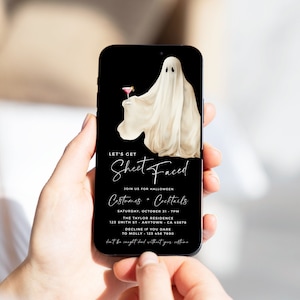 Let&#39;s Get Sheet Faced Halloween Invitation Template Digital Costumes and Cocktails Invite for Phone, Electronic Ghost Evite, Editable 34B