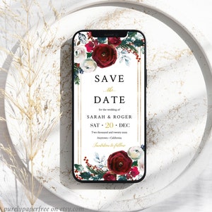 Burgundy Digital Save the Date, Winter Electronic Save the Date, Christmas Save Date for Phone, Editable Save the Date by Text Template 18A