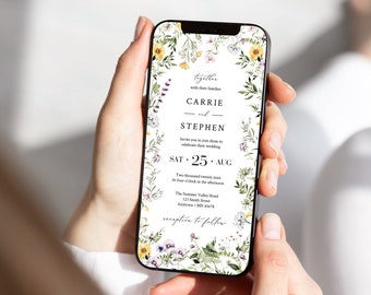 Electronic Wedding Invitation Wildflower, Digital Wedding Invitation, Wildflower Wedding Evite, Phone Invitation Editable Evite Template 01A