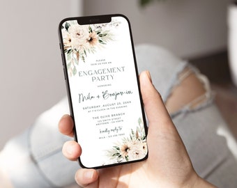 May include: A digital invitation for an engagement party for Mila and Benjamin. The invitation features a floral design with beige and green flowers and leaves. The text reads "Please join us for an engagement party honoring Mila & Benjamin. Saturday, August 25, 20XX at 7 o'clock in the evening. The Olive Branch 123 Smith Street Anytown, CA 45078 kindly reply to Mila - 123 456 7890"