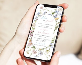Digital Gender Reveal Invitation Wildflower Electronic Invitation Gender Reveal, Floral Evite for Phone, Blue or Pink Editable Template 07A