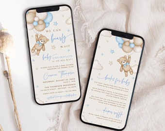 Bear Baby Shower Invitation Set Boy We Can Bearly Wait Shower Invite Phone, Digital Evite Template, Book Insert Diaper Raffle, Editable 13A
