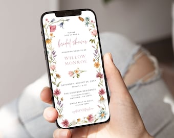 Digital Bridal Shower Invitation Wildflower Electronic Bridal Shower Invite, Bridal Shower Evite by Text, Phone Evite Template, Editable 09A