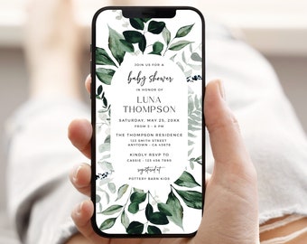 Baby Shower Evite Boy, Greenery Baby Shower Electronic Invitation, Botanical Digital Invite Sage Evite for Phone Editable Evite Template 06B