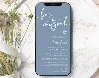 Digital Bar Mitzvah Invitation, Dusty Blue Bar Mitzvah Invite Electronic, Modern Bar Mitzvah Evite Boy, Minimal Editable Evite Template, 02B