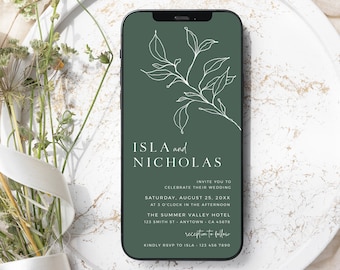 Plantilla de invitación de boda verde salvia, invitación de boda botánica digital, invitación moderna para Evite Phone, editable, 15C