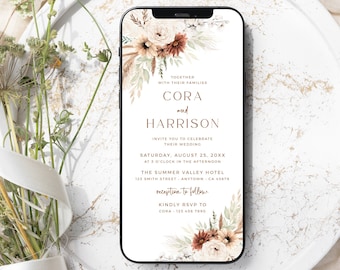 Electronic Wedding Invitation Terracotta, Boho Wedding Invitation Digital, Pampas Wedding Evite Phone Invitation Editable Evite Template 03A