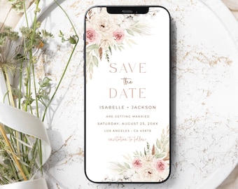 Electronic Save the Date Boho, Blush Save the Date Evite, Digital Save the Date by Text, Phone Save our Date Editable Save Date Template 05A