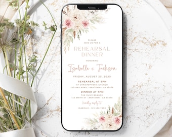 Dusty Pink Digital Rehearsal Dinner Invitation, Boho Rehearsal Invitation Electronic Rehearsal Evite by Text, Editable Invite Template, 05A