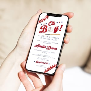 Baseball Baby Shower Invitation Digital Little Slugger Baby Shower Invite Electronic Sports Evite Boy, Red Navy Editable Evite Template, 29C