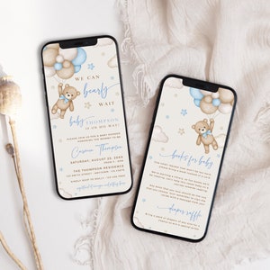 Set di inviti per baby shower a tema orso, invito per baby shower "Maschietto, non possiamo aspettare a lungo", modello di invito digitale, inserto per libro, lotteria di pannolini, modificabile 13A