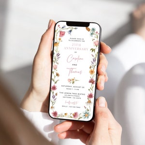 Digital Anniversary Invitation Wildflower, Electronic Anniversary Evite, 25th Anniversary Invite for Phone, Invitation Template Editable 09A