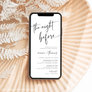 Invitación a la cena de ensayo moderna, cena de ensayo de boda digital Evite por texto, plantilla electrónica de invitación la noche anterior editable 02A