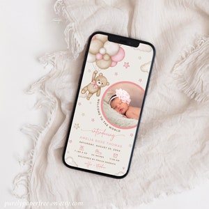 Digital Birth Announcement Girl Bear Electronic Newborn Announcement with Photo Teddy Newborn Baby Announcement Editable Ecard Template, 13B