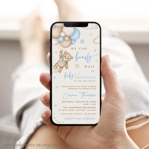 Invito elettronico per baby shower Bearly Wait per bambino, invito elettronico per baby shower con orsetto, invito digitale con palloncini blu, modello di invito elettronico modificabile per bambino 13A