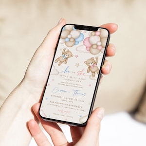 Bär Geschlecht offenbaren Evite Teddybär Digitale Einladung Geschlecht offenbaren, elektronische Geschlecht offenbaren für Telefon, er oder sie bearbeitbare Vorlage 13A