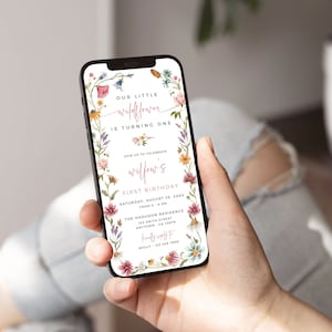 Digital First Birthday Invitation Wildflower Electronic Invitation 1st Birthday, Wildflower Birthday Evite Girl, Editable Evite Template 09A