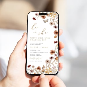 Digital Gender Reveal Invitation Wildflower Electronic Invite Gender Reveal, Fall Wildflower Evite for Phone He or She Editable Template 27A