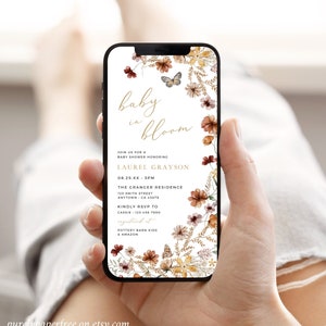 Fall Baby Shower Invitation Wildflower Digital Invitation Baby Shower, Baby in Bloom Shower Evite for Phone Girl Editable Evite Template 27A