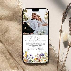 Digitale Hochzeit Dankeskarte mit Foto, Blumen Dankeskarte für Telefon, Dankeschön Notiz mit Blumen Sommer Bearbeitbare Ecard Vorlage 26A