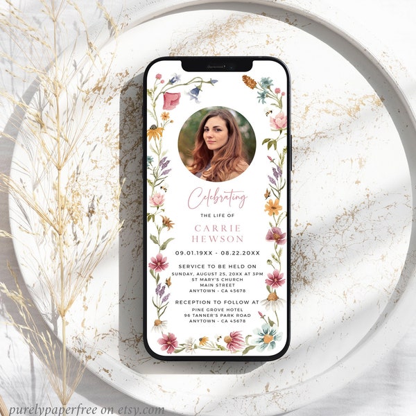 Digital Memorial Invite Wildflower, Electronic Funeral Invite Woman with Photo, Celebration of Life Announcement Text, Editable Template 09A