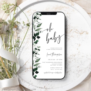 Baby Shower Evite Boy, Oh Baby Shower Invitation Digital, Greenery Electronic Evite Boy Girl, Digital Phone Invitation Template Editable 06A