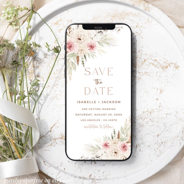 Electronic Save the Date Boho, Blush Save the Date Evite, Digital Save the Date by Text, Phone Save our Date Editable Save Date Template 05A