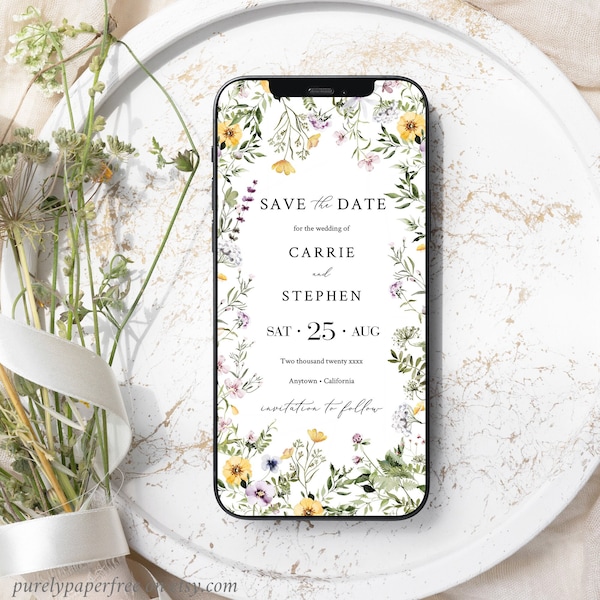 Electronic Save the Date Wildflower, Save the Date Evite, Digital Save the Date Text, Floral Save our Date, Editable Save Date Template, 01A