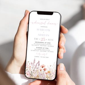 Digital Rehearsal Dinner Invitation Wildflower Rehearsal Invite for a Phone, Pastel Floral Rehearsal Evite by Text, Editable Template 52A