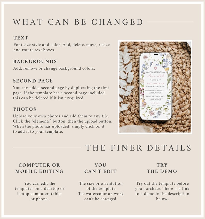 May include: A digital template for a Bat Mitzvah invitation. The invitation features a watercolor floral design with a light blue background. The text on the invitation reads "Please join us as we celebrate the Bat Mitzvah of [Name]" and includes the date, time, and location of the event. The invitation is displayed on a phone screen.