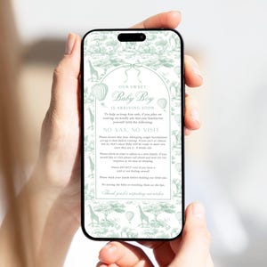 May include: A smartphone displays a baby announcement with a green safari-themed design. The text reads "Our Sweet Baby Boy is Arriving Soon" with guidelines for visitors. The background features giraffes, hot air balloons, and trees.