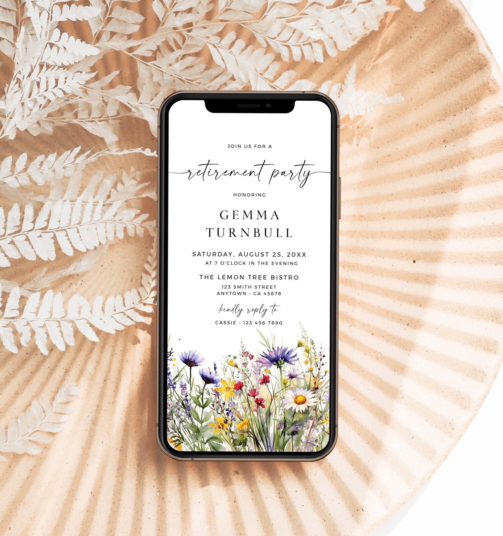 Bright Wildflower Retirement Party Invitation, Digital Retirement Invite for a Woman, Floral Evite for a Phone, Text, Editable Template, 26A
